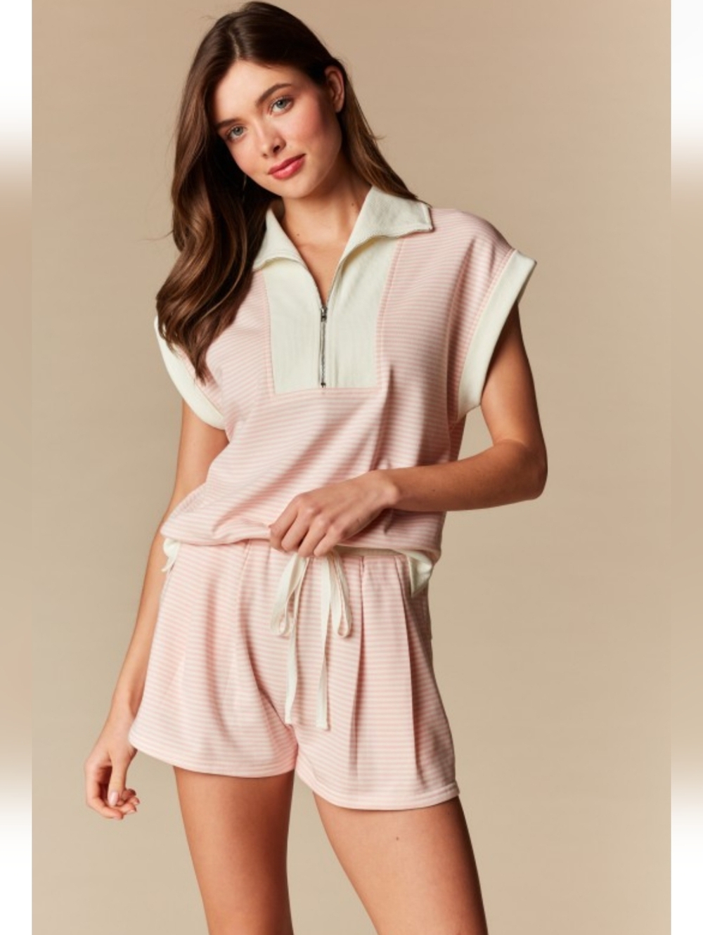 🩷 Pink Stripe Quarter Zip Lounge Set